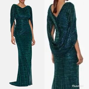 Revolve Betsy & Adam Metallic Jade Green Cape-Sleeve Gown